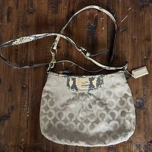 Authentic Tan Coach Fabric w/Snake Skin Cross Body Womens Beige Purse